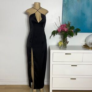 Nasty Gal Black Satin Maxi Dress with High Slit and Crisscross Neck